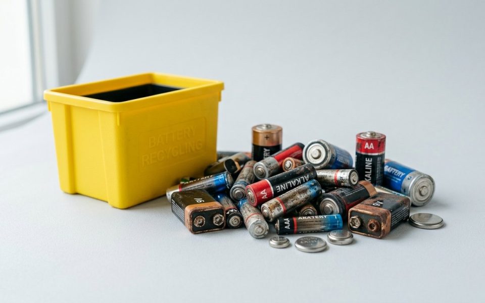 Ou jeter pile - piles usagees et conteneur de collecte jaune pour recyclage