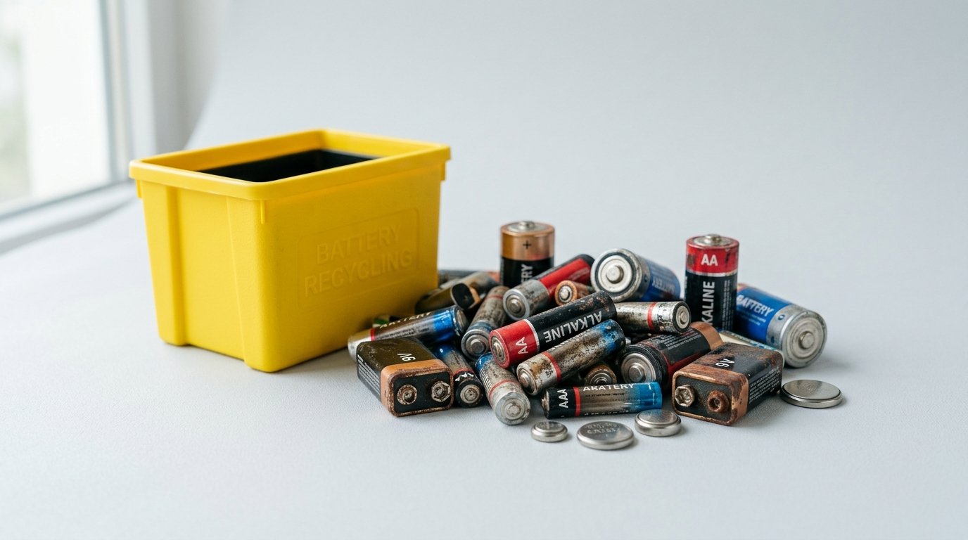 Ou jeter pile - piles usagees et conteneur de collecte jaune pour recyclage