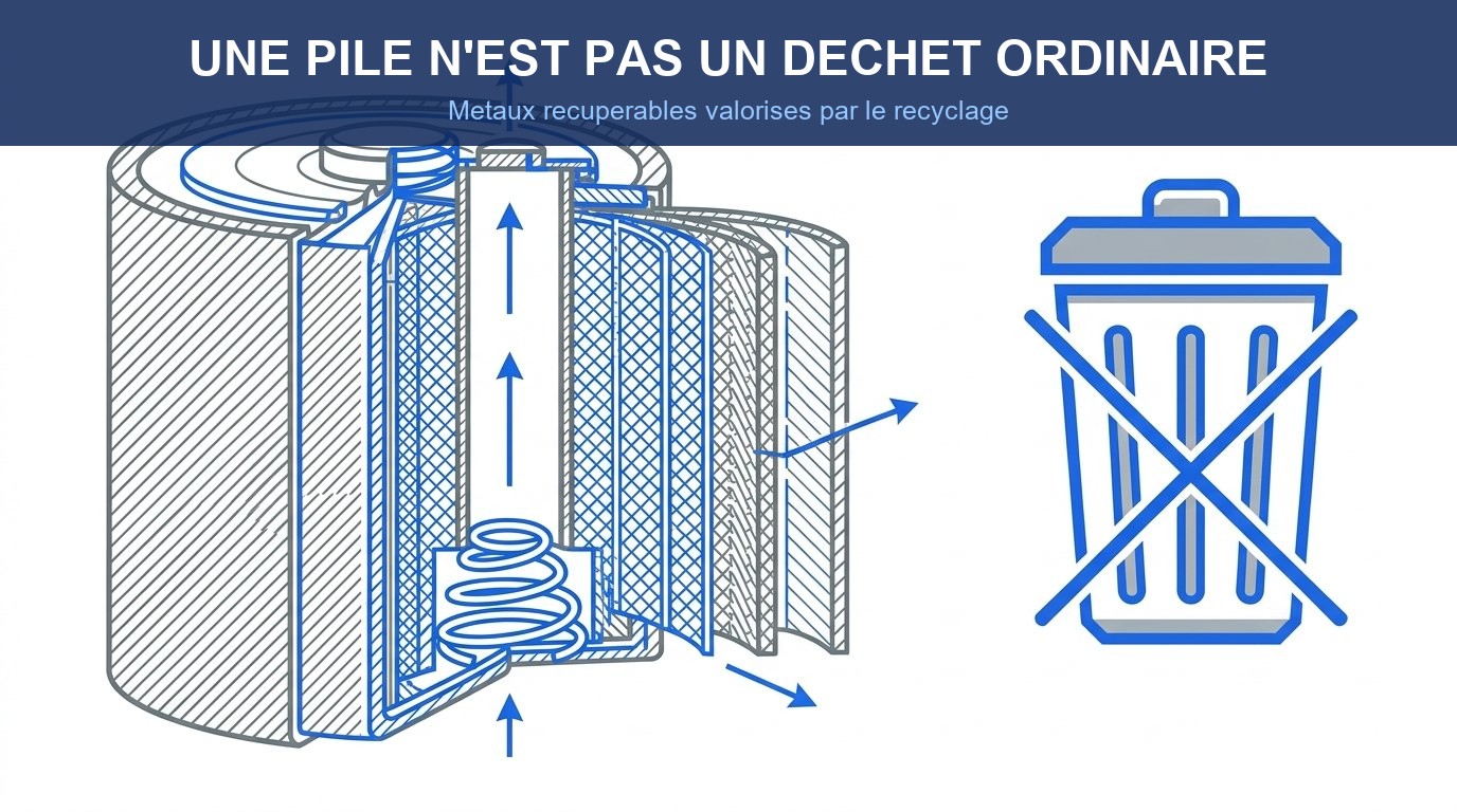 Ou jeter pile - coupe technique montrant les metaux recuperables d une pile