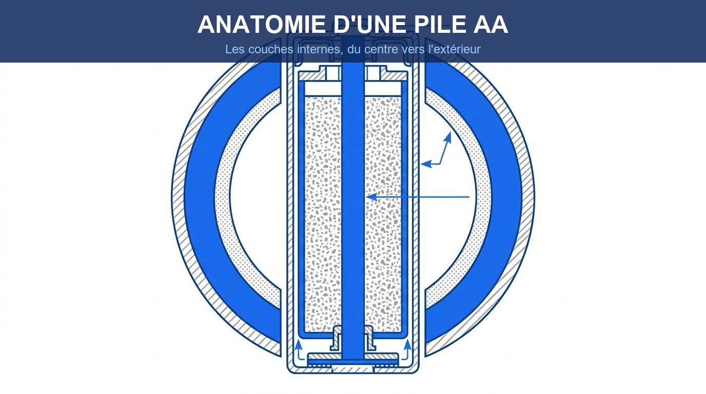 pile alcaline schema fonctionnement - anatomie interne d une pile AA avec zinc et dioxyde de manganese