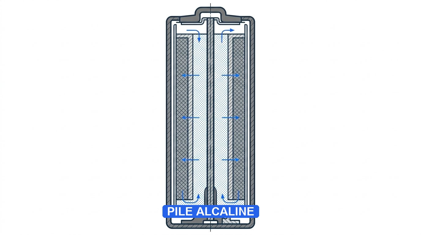 Pile alcaline - coupe anatomique anode zinc et cathode dioxyde de manganèse