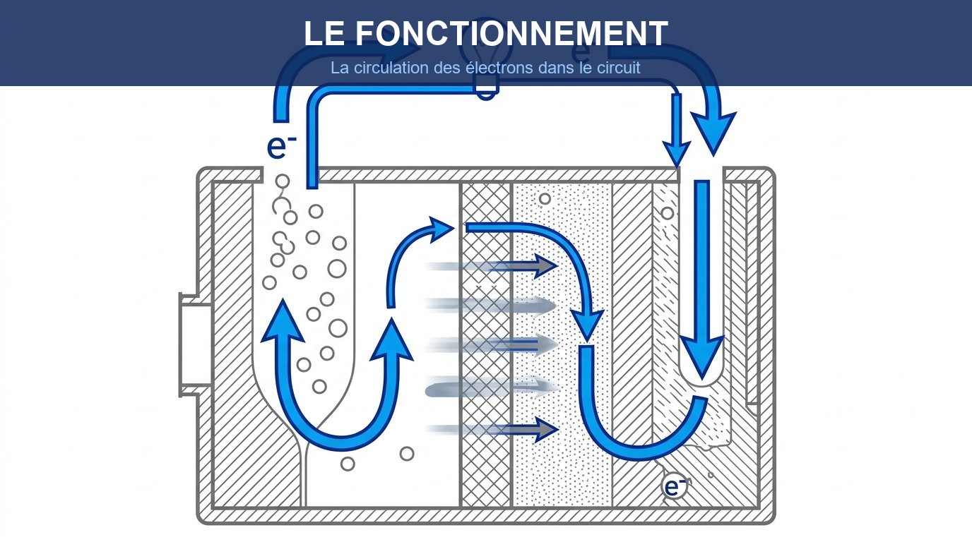 pile alcaline schema fonctionnement - circulation des electrons entre anode et cathode dans le circuit