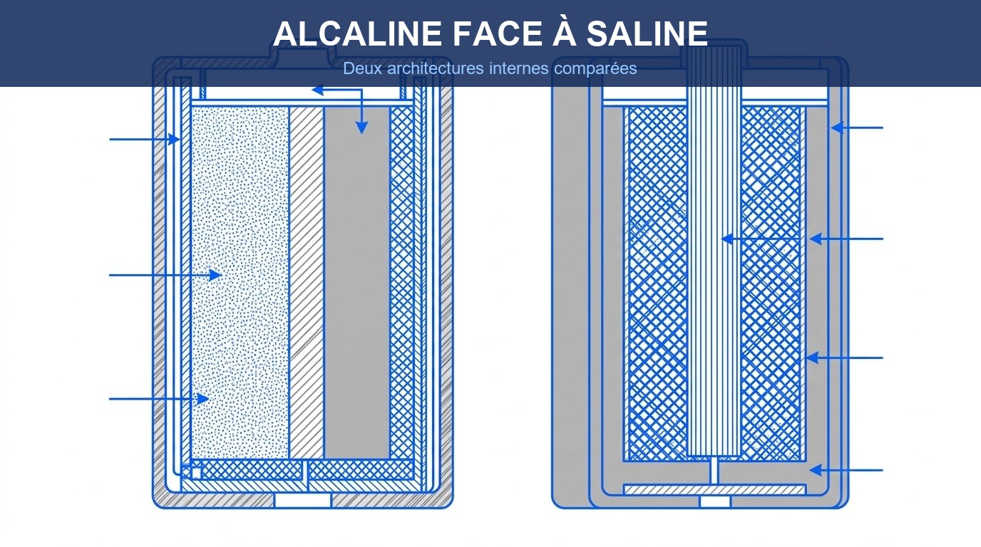 pile alcaline schema fonctionnement - comparaison de la structure interne alcaline et saline