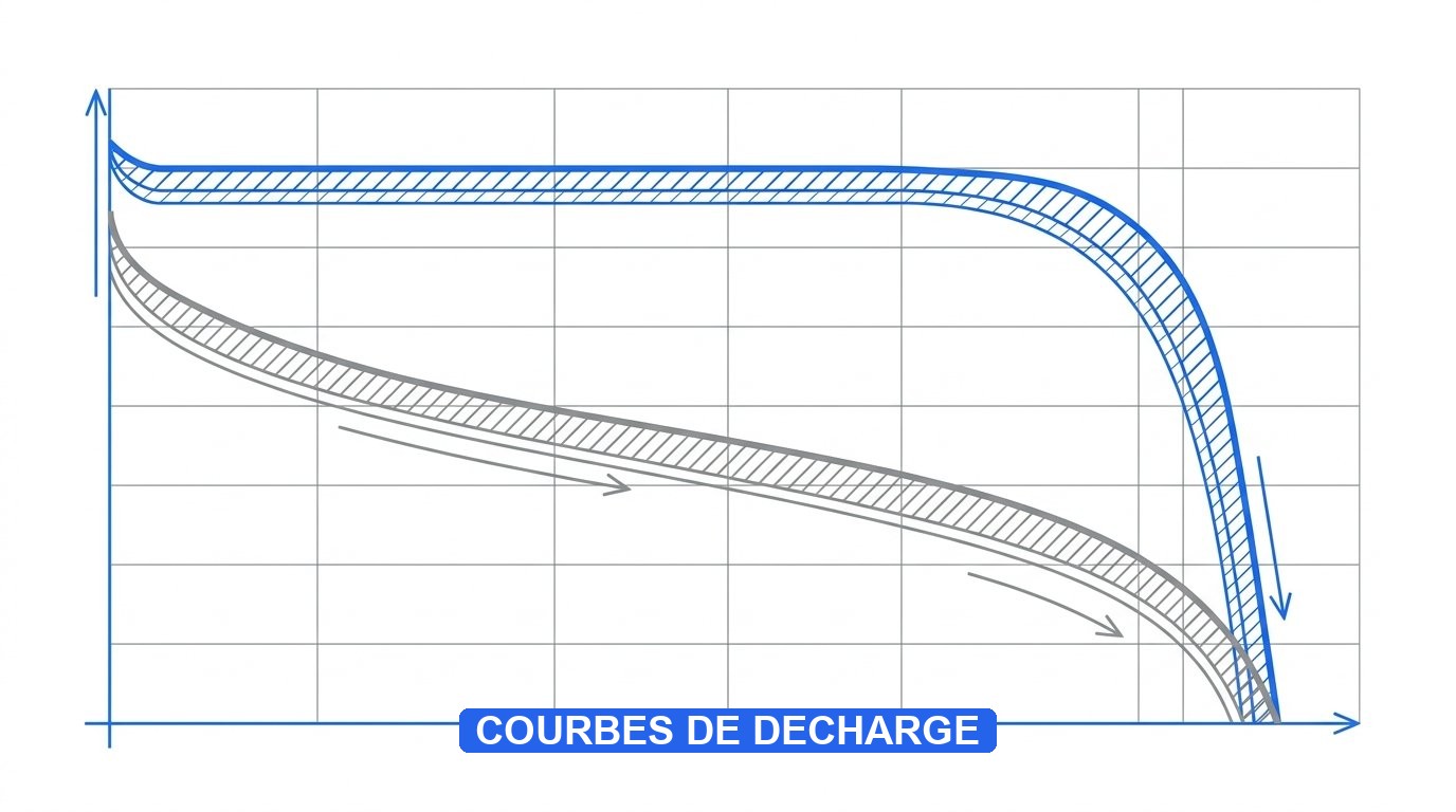 Pile saline et alcaline - courbes de décharge comparées dans le temps