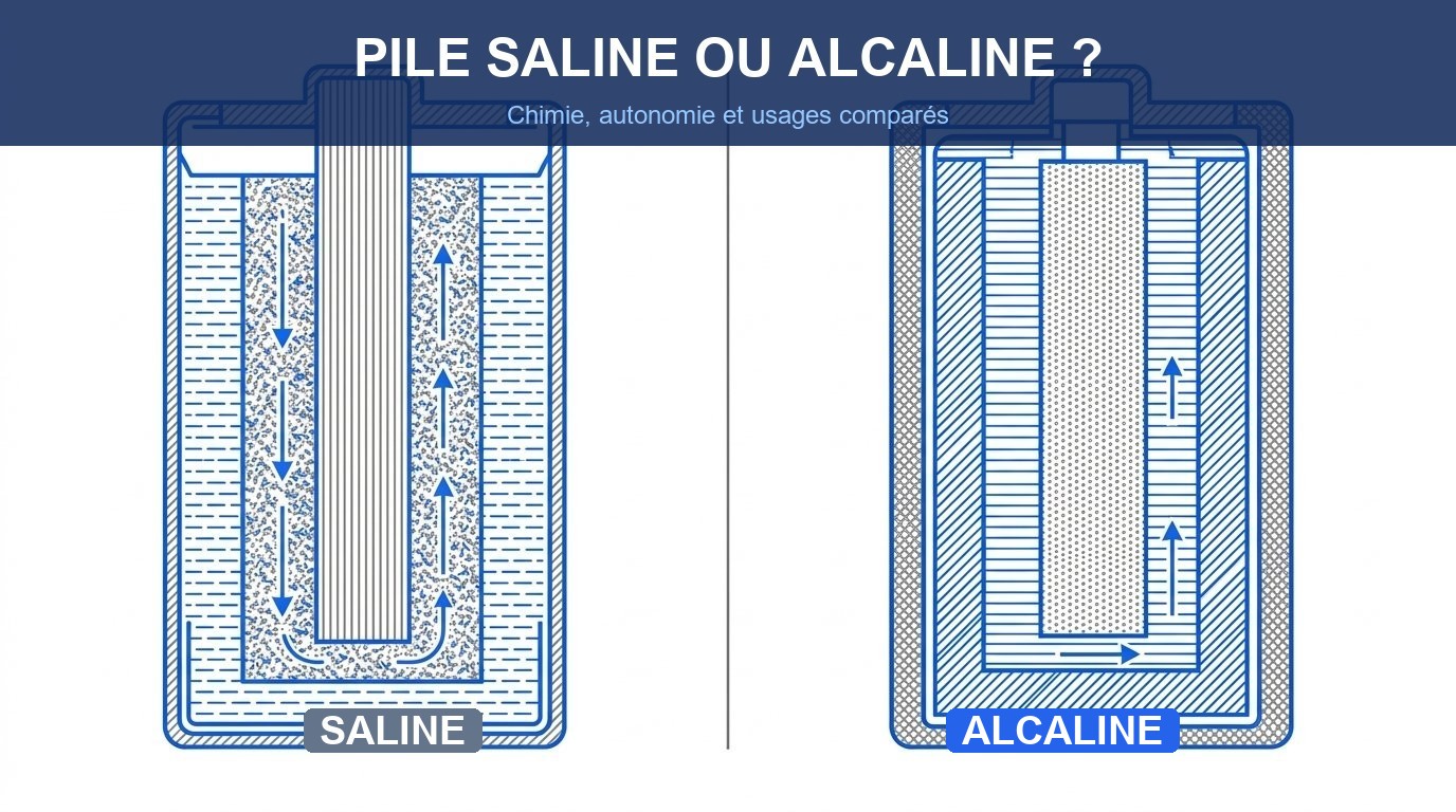 Différence entre une pile saline et alcaline - coupe comparative des deux chimies