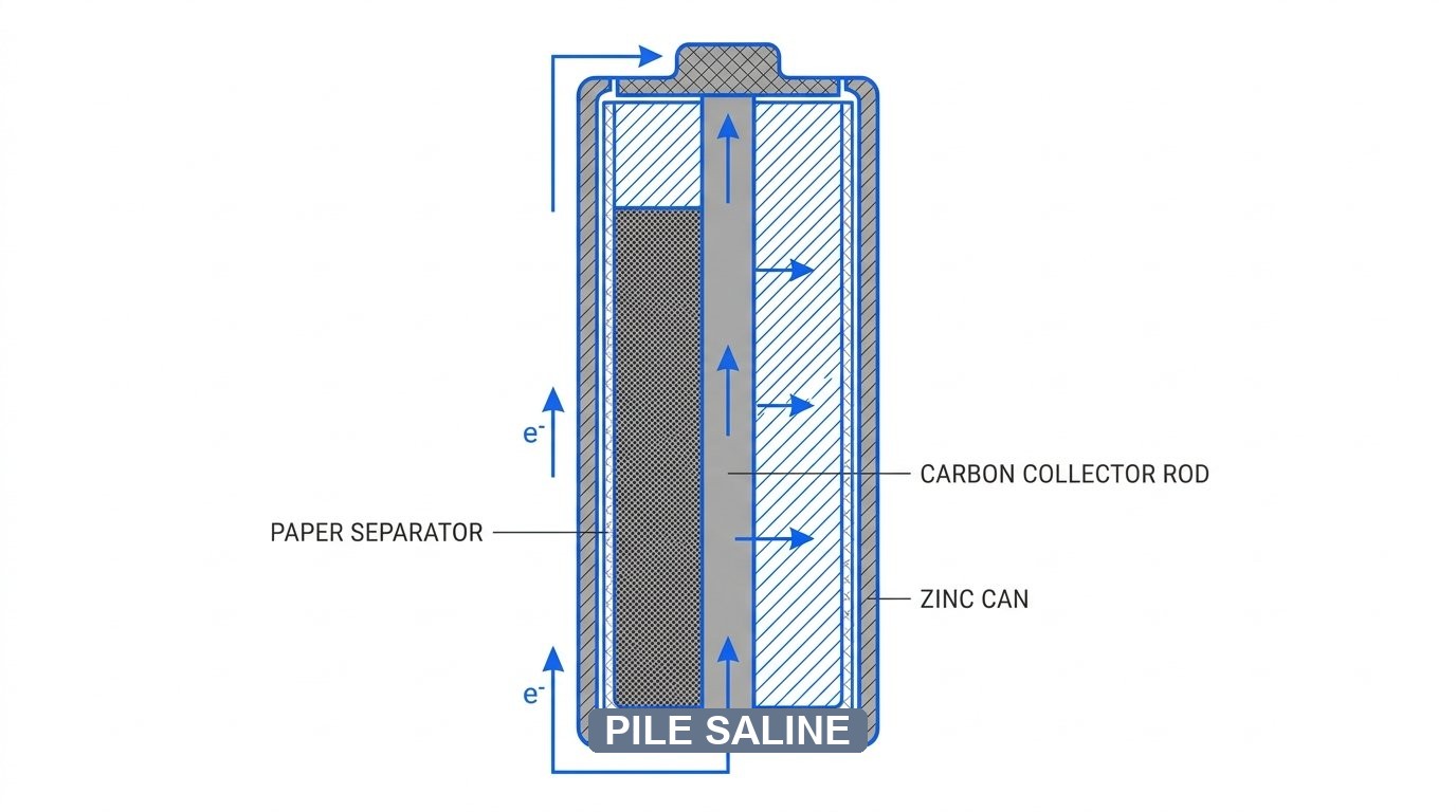 Pile saline zinc-carbone - vue en coupe de la structure interne