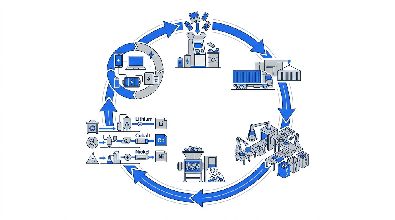 Recyclage pile lithium - schéma du cycle de vie et des étapes de valorisation