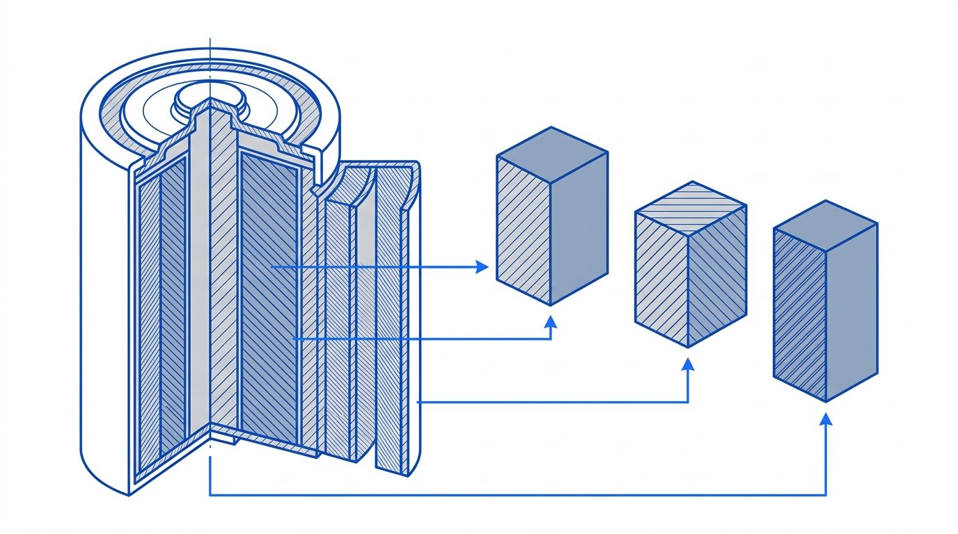 Recyclage pile - coupe d'une pile et métaux récupérés zinc nickel acier
