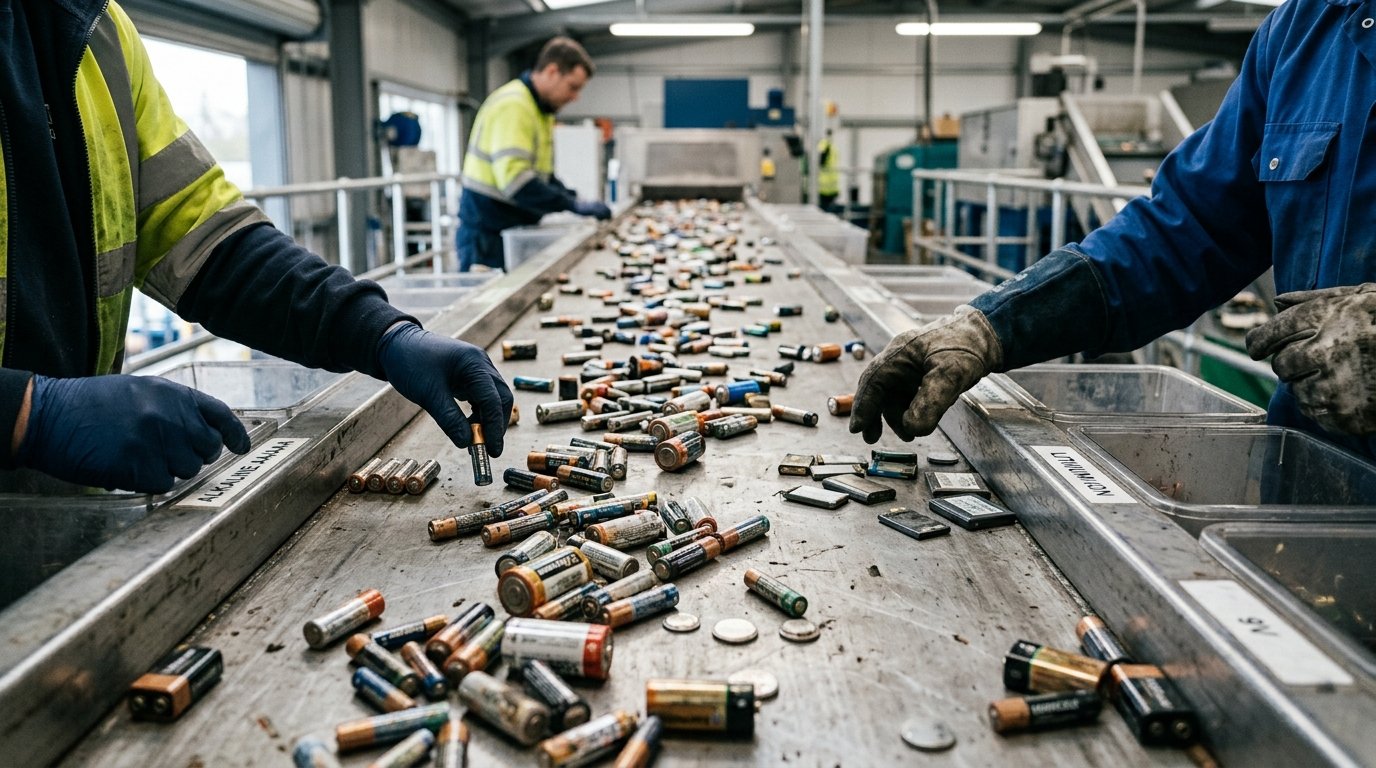Recyclage pile - tri des piles usagées sur tapis roulant en centre de traitement