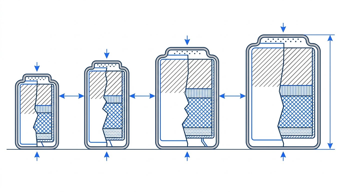 Pile zinc air appareil auditif - comparaison des 4 tailles en coupe dimensionnelle