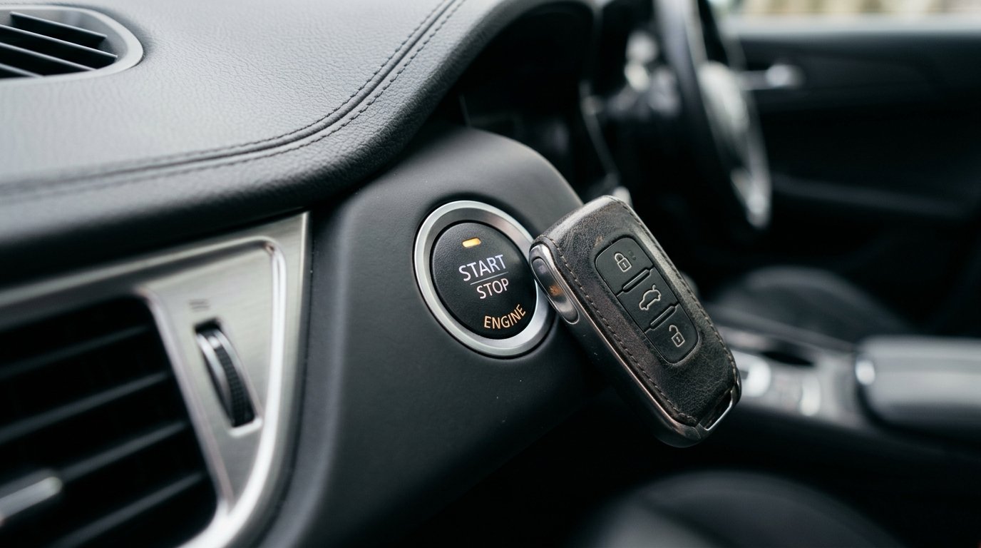 Démarrer Audi sans pile clé - clé Audi posée directement contre le bouton Start Stop du tableau de bord