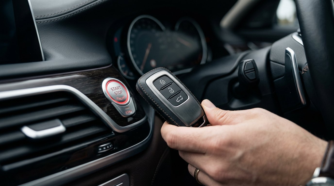 Démarrer Audi sans pile clé - clé Audi tenue près du bouton Start Stop du tableau de bord