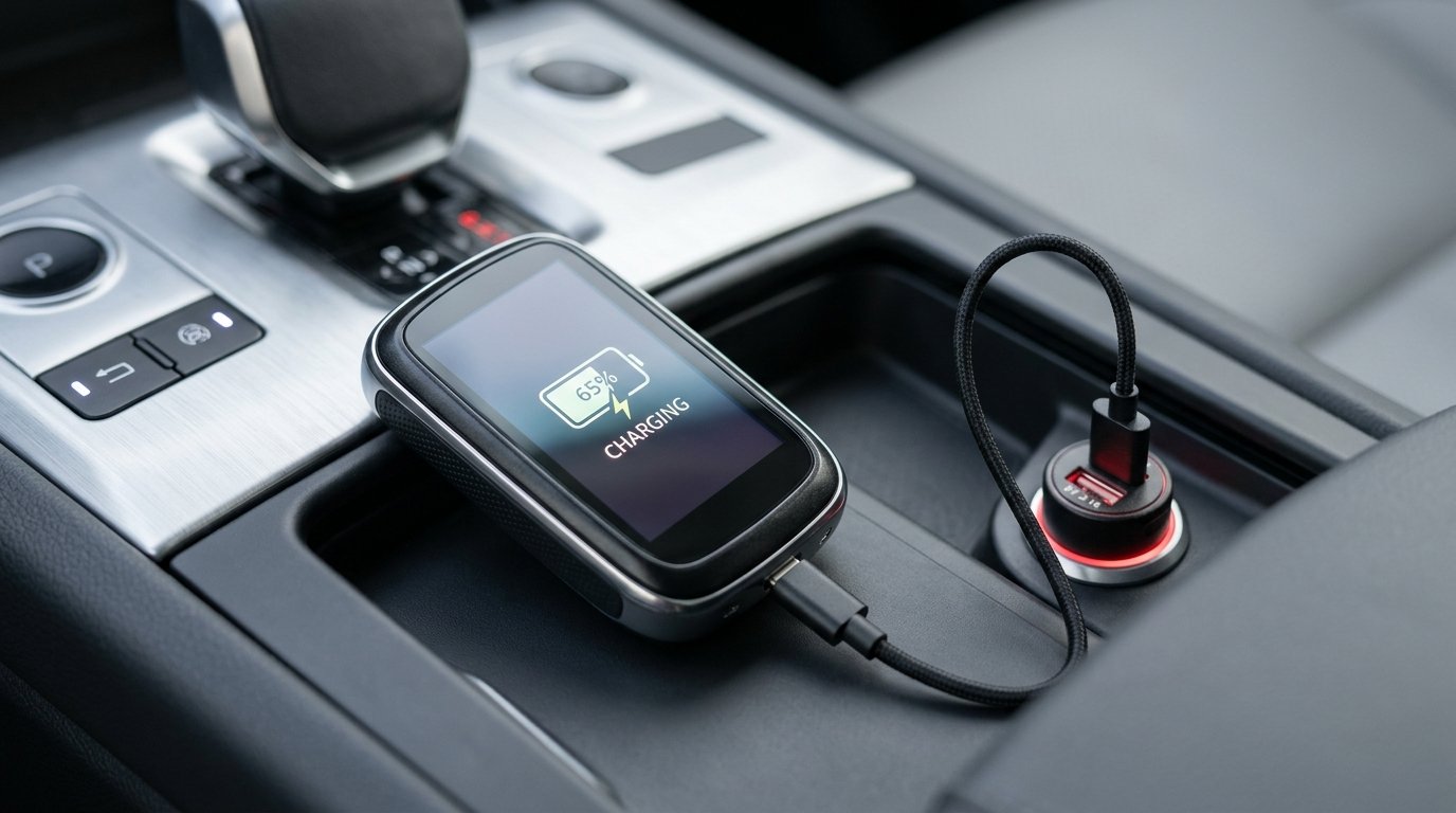 BMW Display Key pile - clé posée sur la console centrale et branchée à un chargeur USB