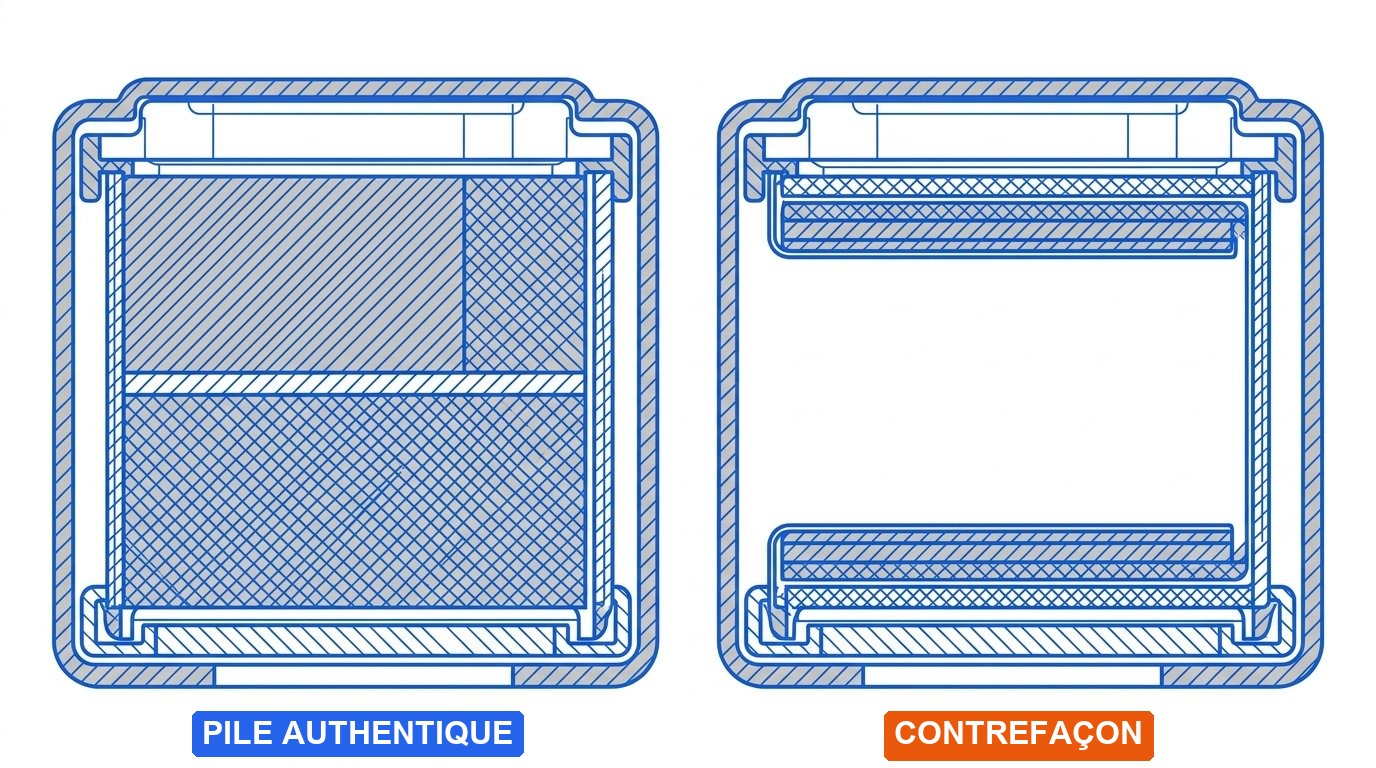 Contrefaçon pile CR2032 - coupe d'une pile authentique comparée à une contrefaçon moins remplie