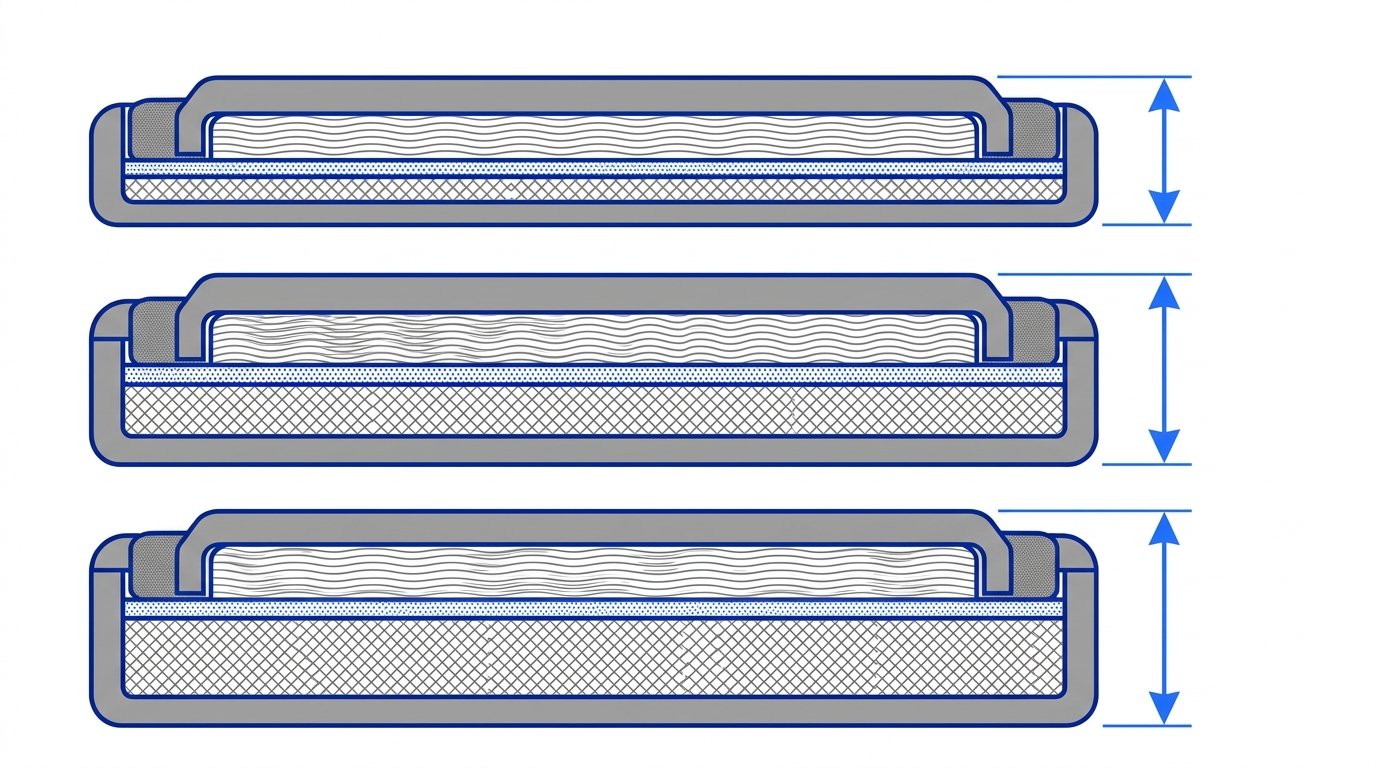 CR2032 équivalences et alternatives - coupe comparée des épaisseurs CR2016, CR2025 et CR2032