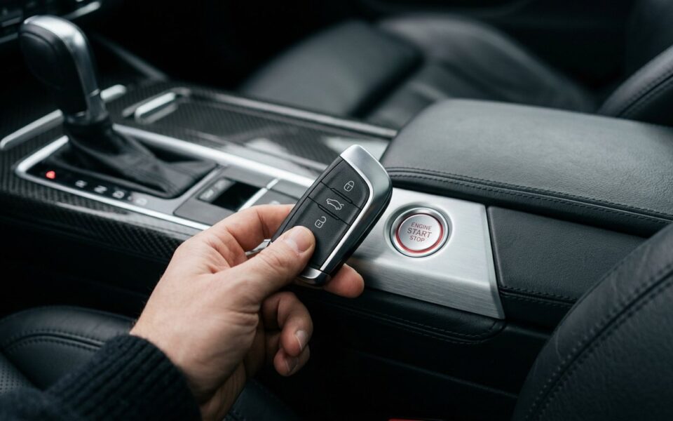 Démarrer Mercedes pile clé morte - clé tenue près de la console centrale et du bouton Start Stop