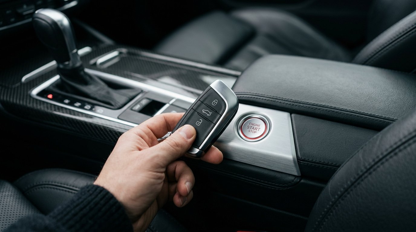 Démarrer Mercedes pile clé morte - clé tenue près de la console centrale et du bouton Start Stop