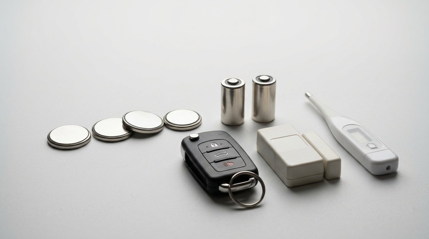 Pile 3V lithium - piles bouton et CR2 avec clé de voiture, détecteur d'ouverture et thermomètre