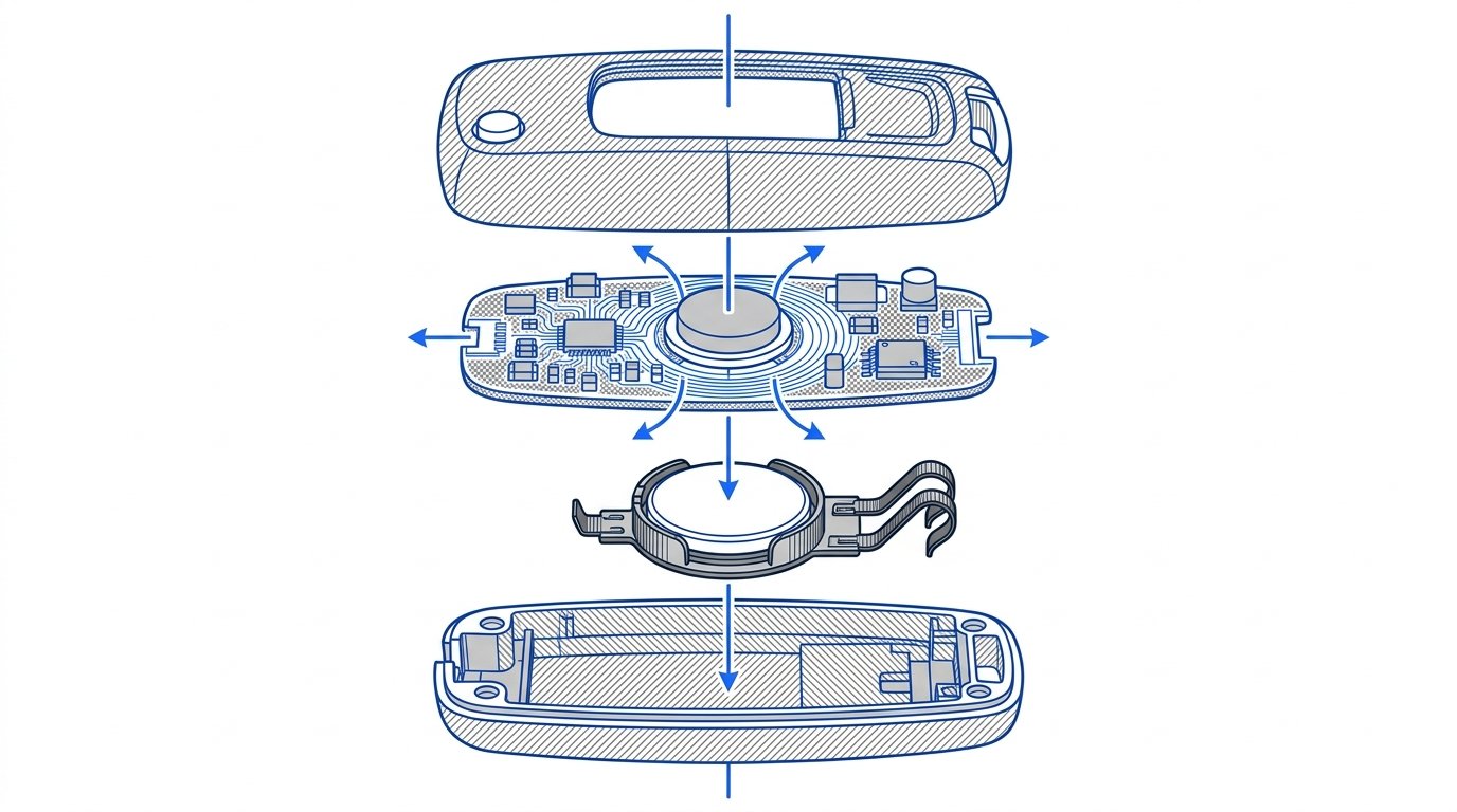 Changer pile clé Tiguan - vue éclatée d’une clé avec pile bouton lithium CR2032 et circuit imprimé